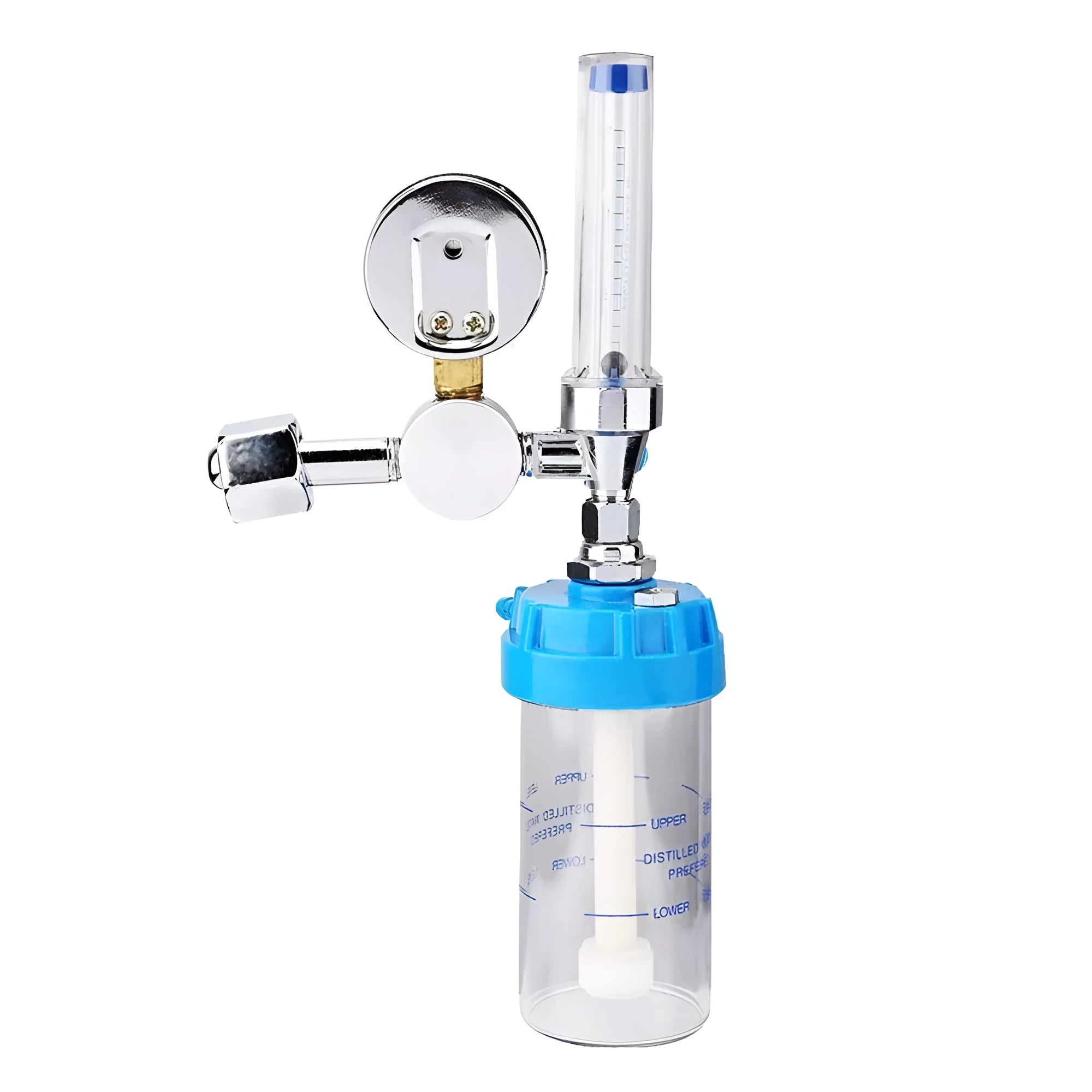 Blue oxygen cylinder pressure reducer with gauge and outlet for oxygen supply systems