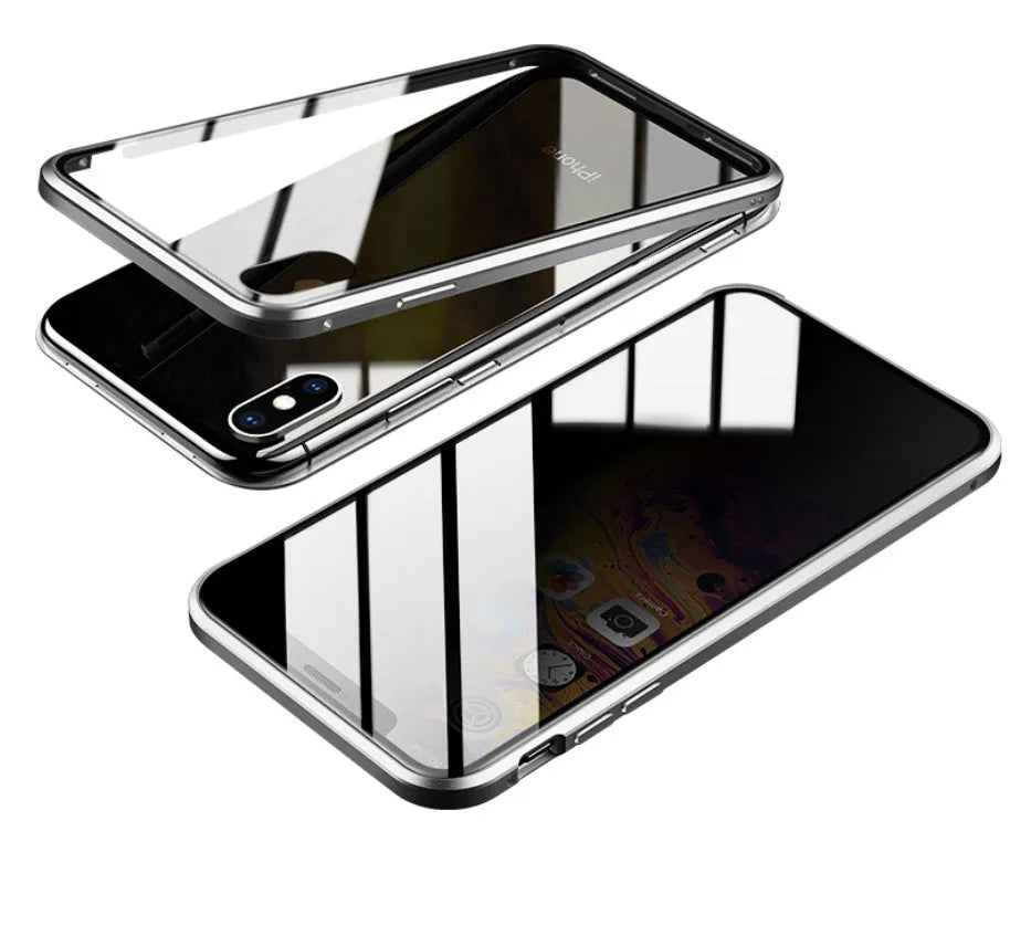 Glass clamshell anti-spy phone case in black, silver, red, gold, green, or blue for iPhone models.