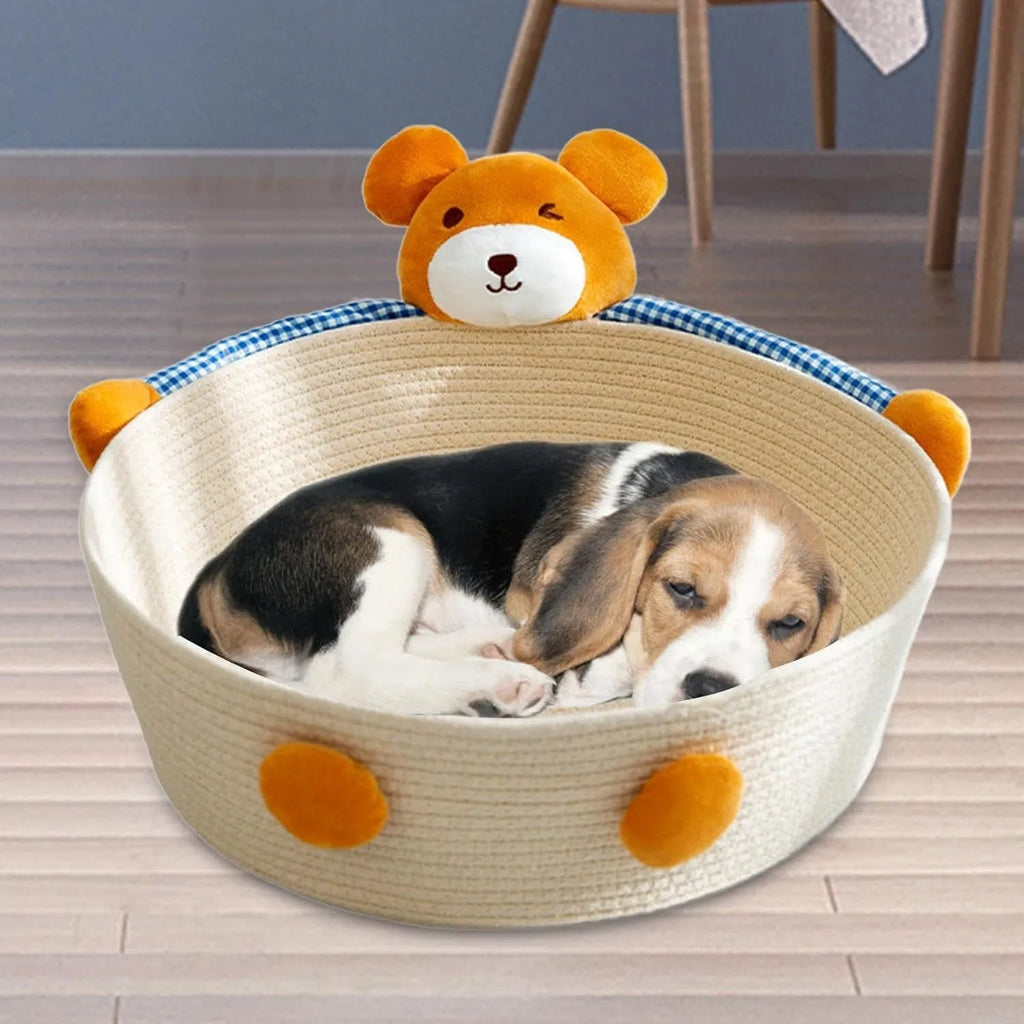 Woven cotton rope cat bed with scratching board surface, available in bear or rabbit styles.