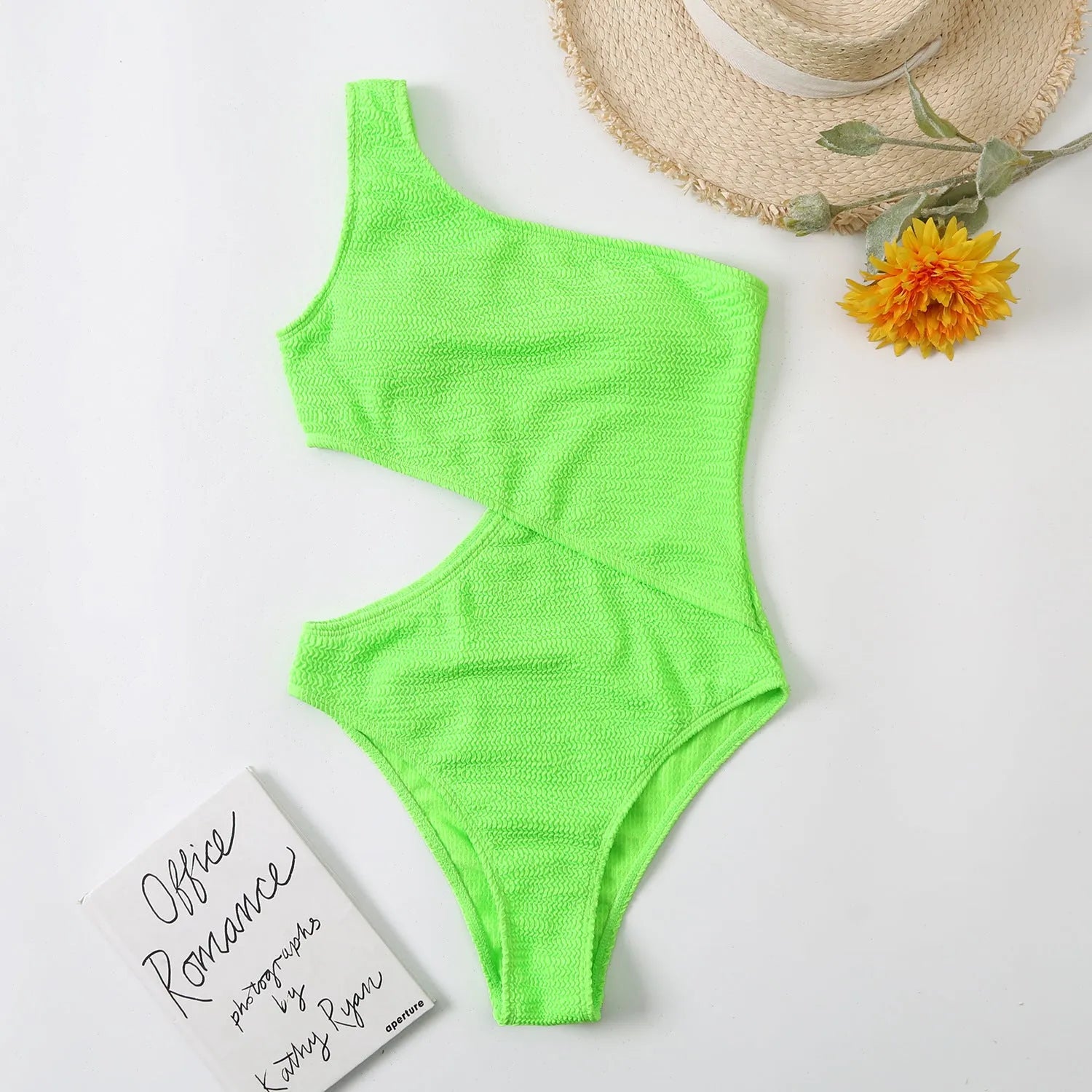 Plain solid colour one shoulder one piece swimsuit for women polyester fabric swimming wading beachwear