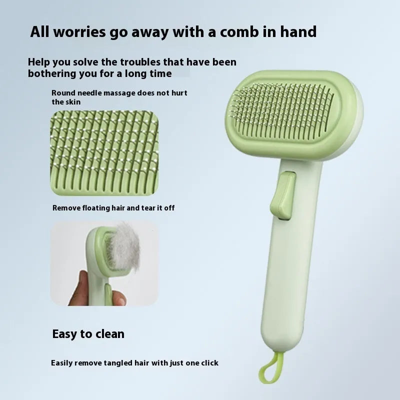 Large pet grooming comb with stainless steel teeth and one-click cleaning button in light grey colour