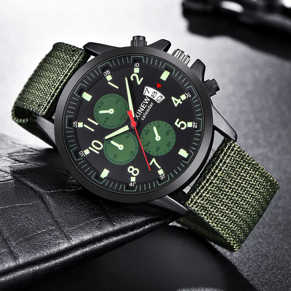 Men's nylon band military sports watch with 4.2cm dial and black face on display