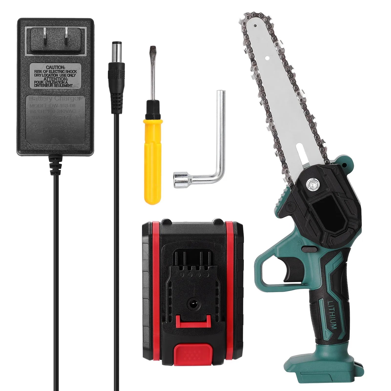 Black one-handed mini electric chainsaw with a 4-inch guide bar on a wooden surface.