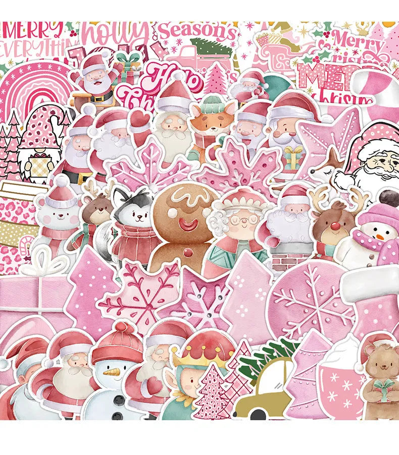 Pack of 50 cute Christmas-themed waterproof stickers in sizes from 4cm to 8cm.