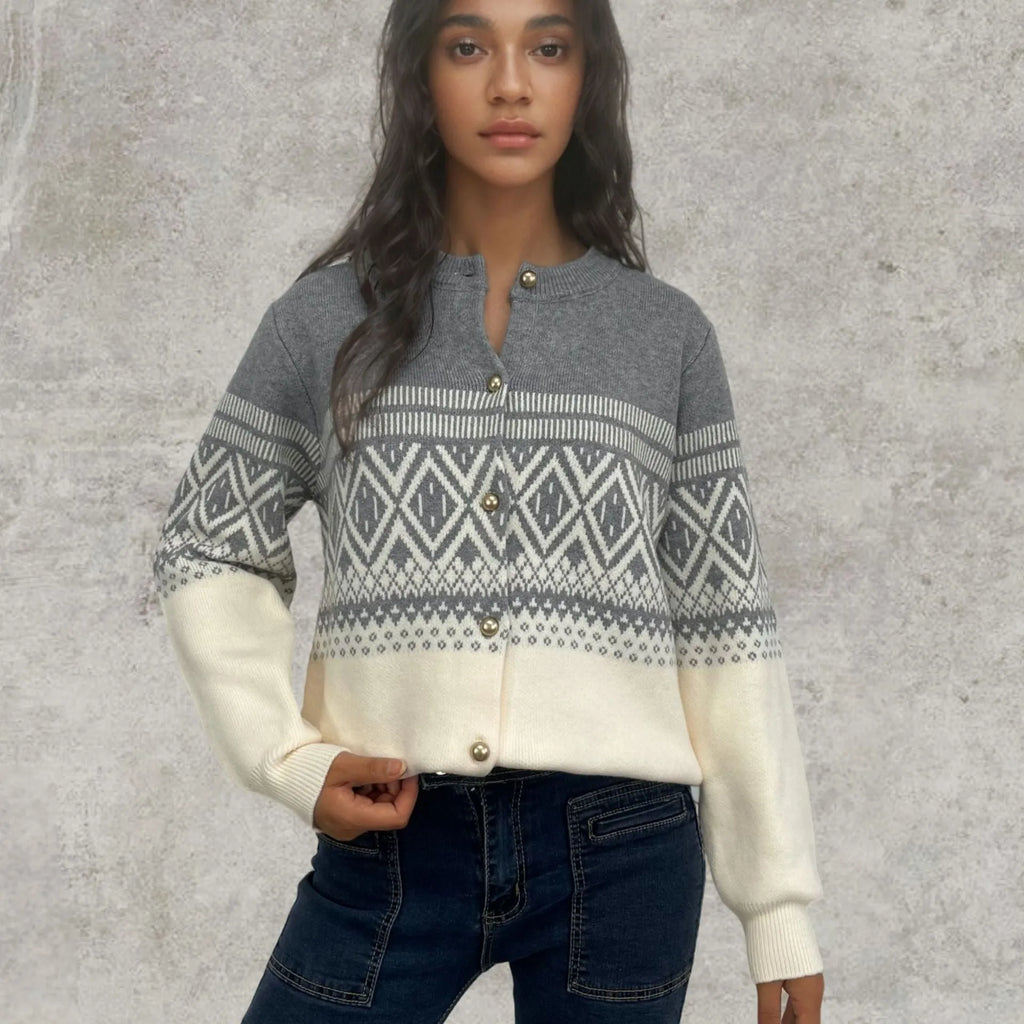 Women's grey alpaca wool diamond knitted cardigan with contrast colour sleeves