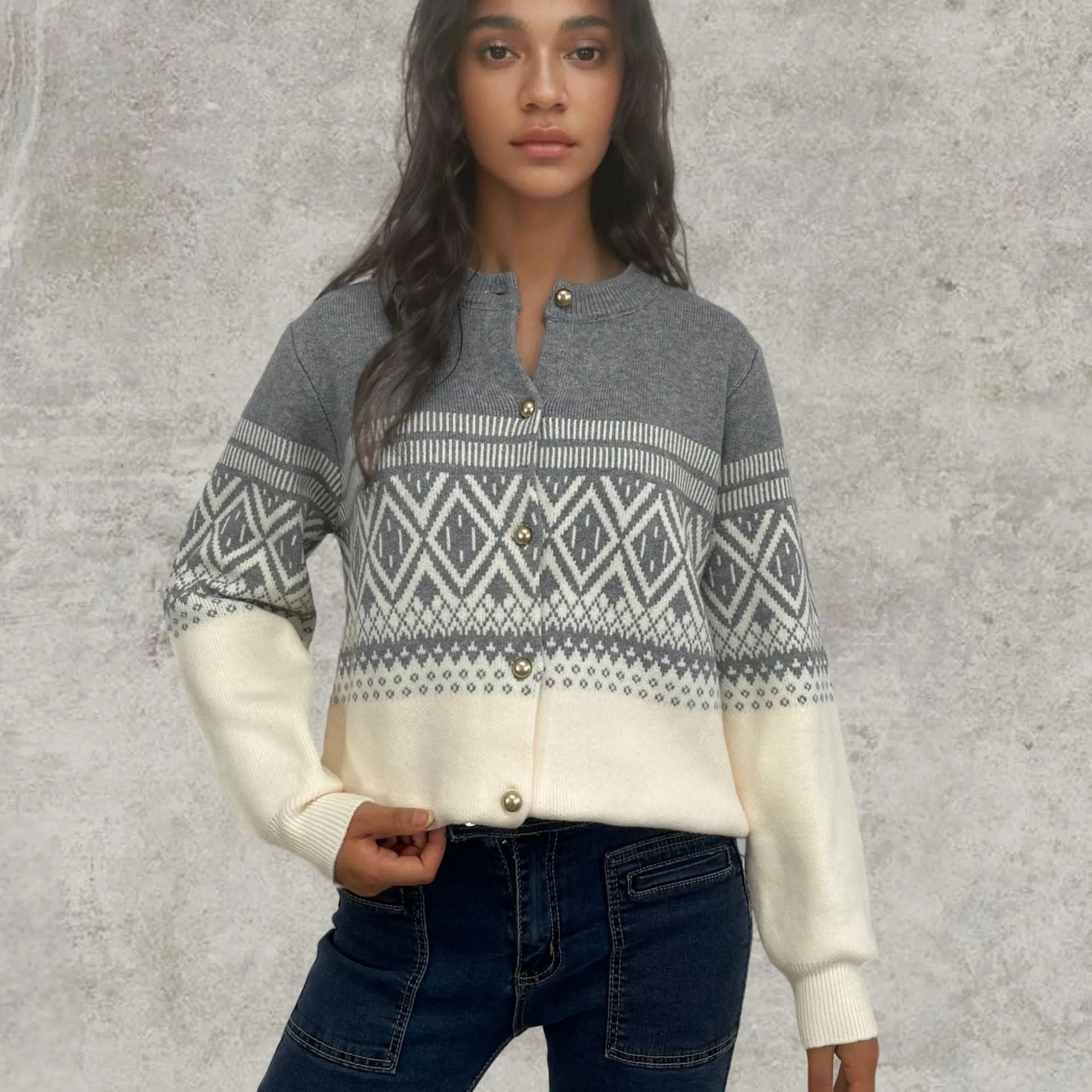 Women's grey alpaca wool diamond knitted cardigan with contrast colour sleeves