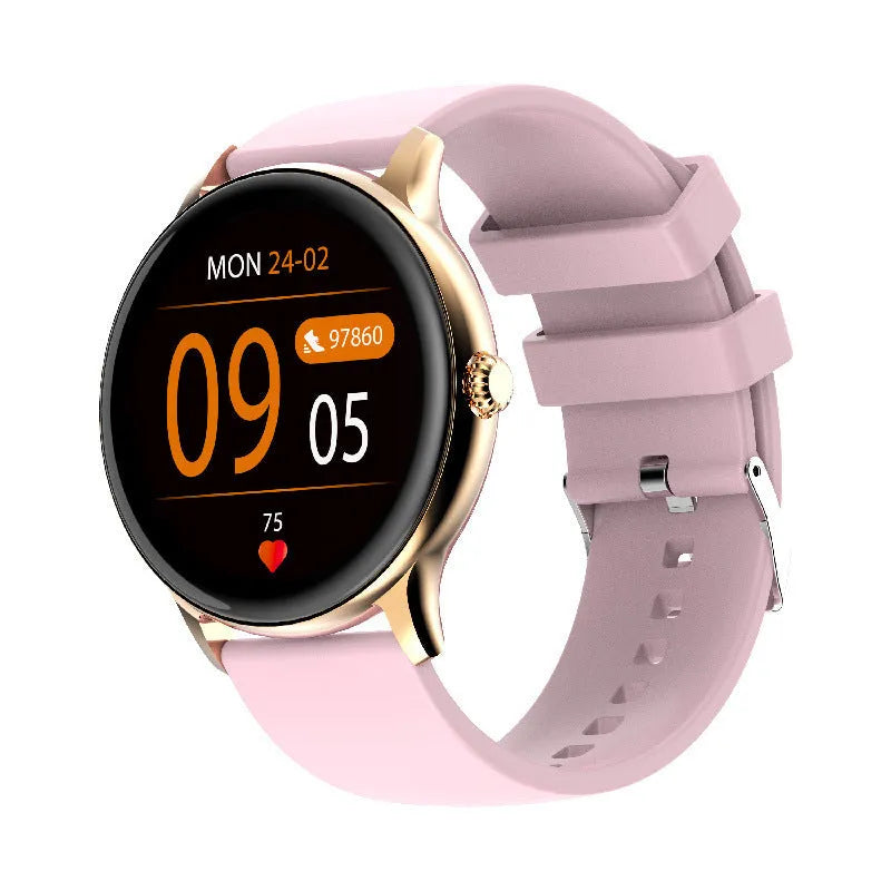 Black smart watch with blood pressure monitoring on a wrist, showing a 1.28-inch touch screen display.