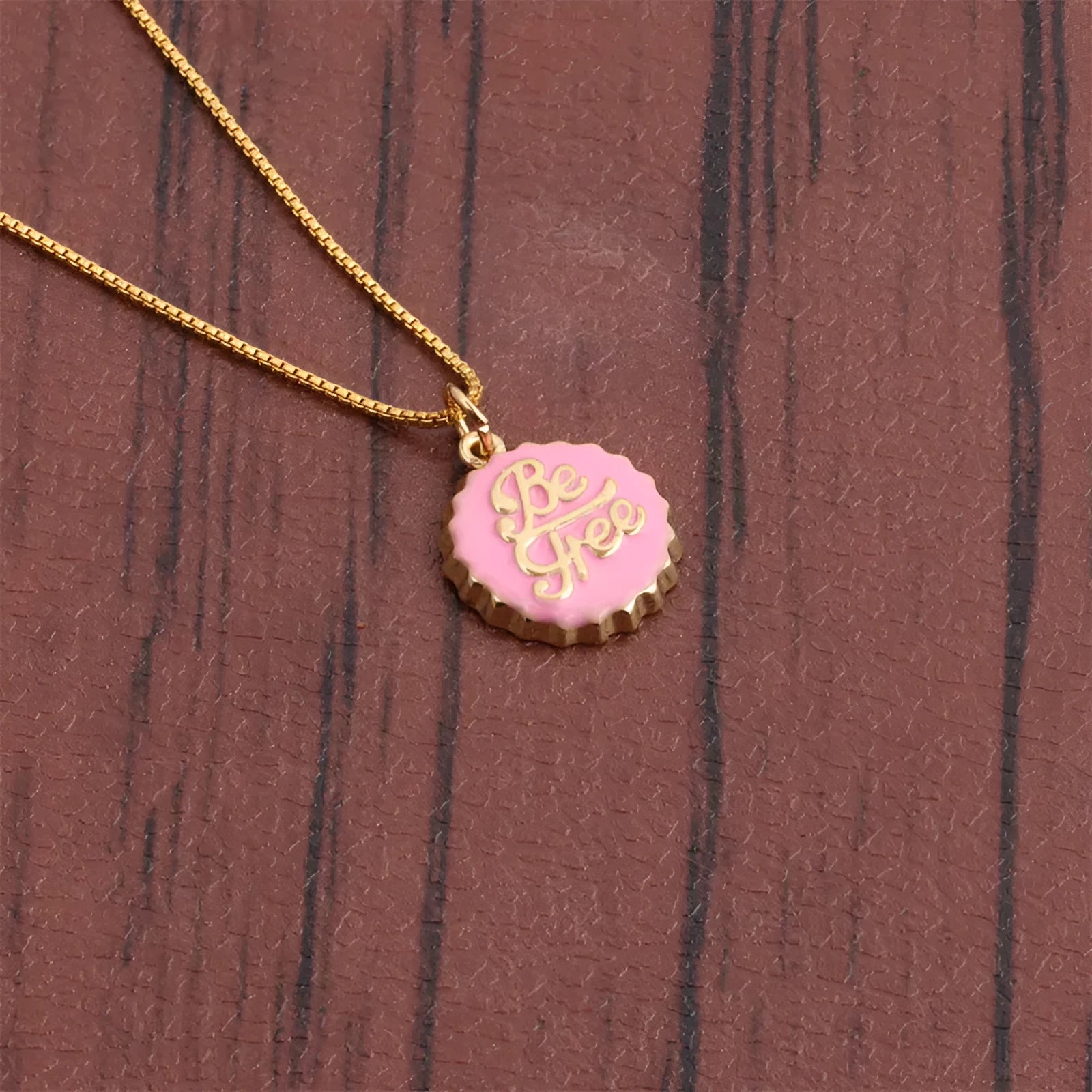 Copper bottle cap pendant necklace with 18K gold electroplating on 40cm box chain