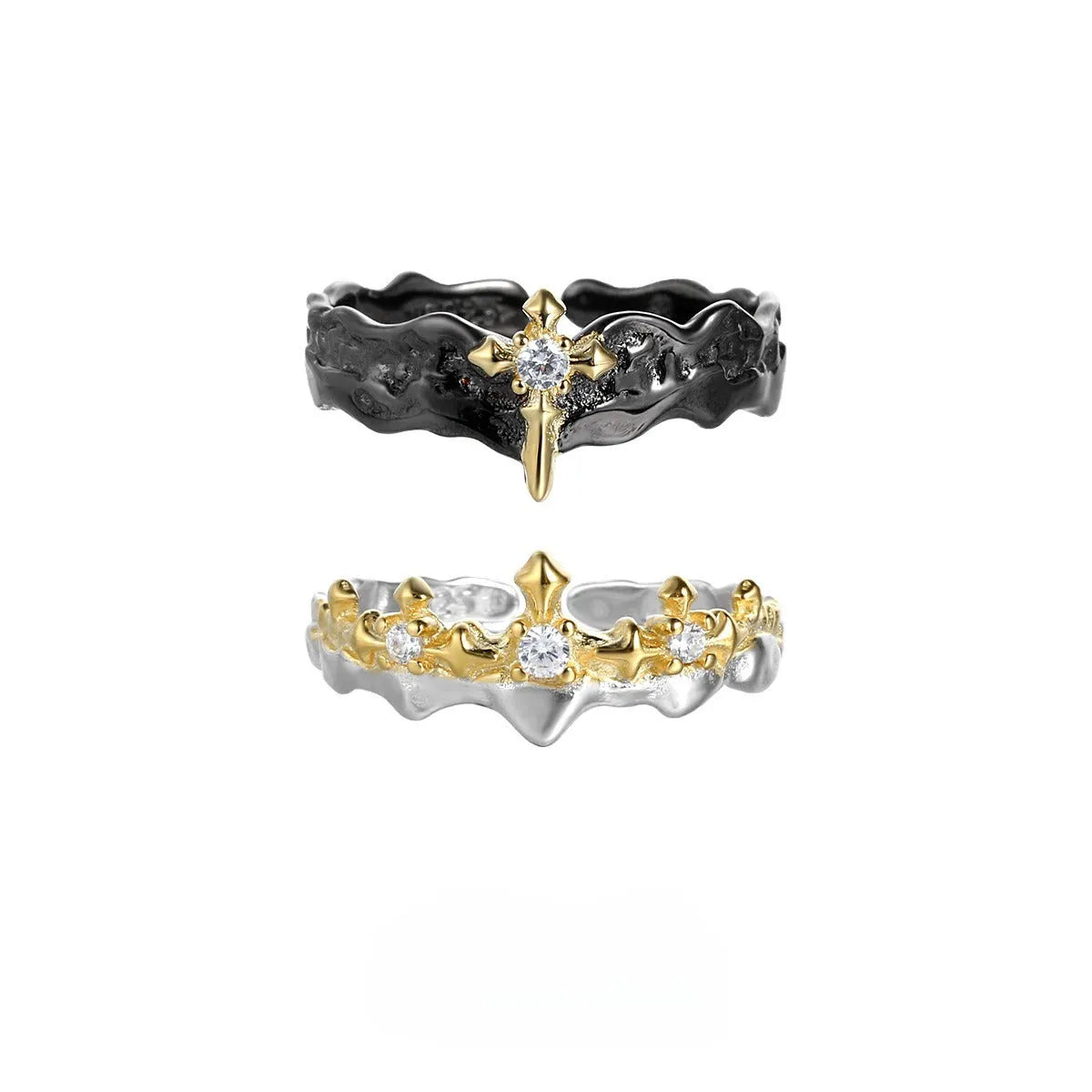 Silver couple ring with princess knight design featuring adjustable opening and electroplated finish options