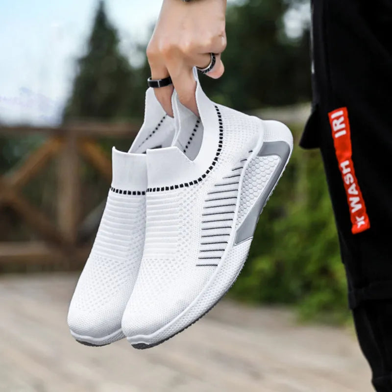 Men's mesh sock shoes with striped design and flyknit upper in black, white colour options