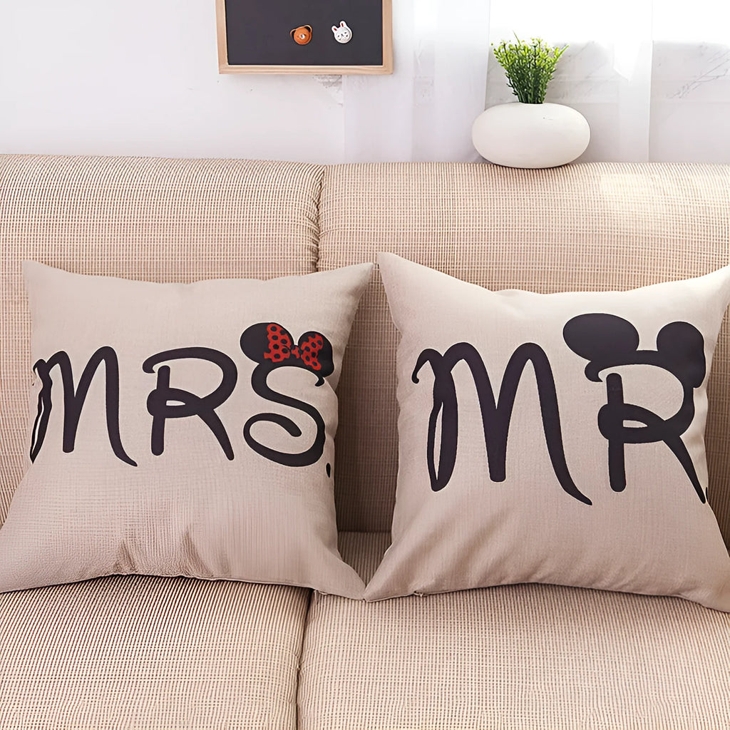 Valentine linen pillowcase with cartoon design in MR and MRS colour options, 45x45cm square