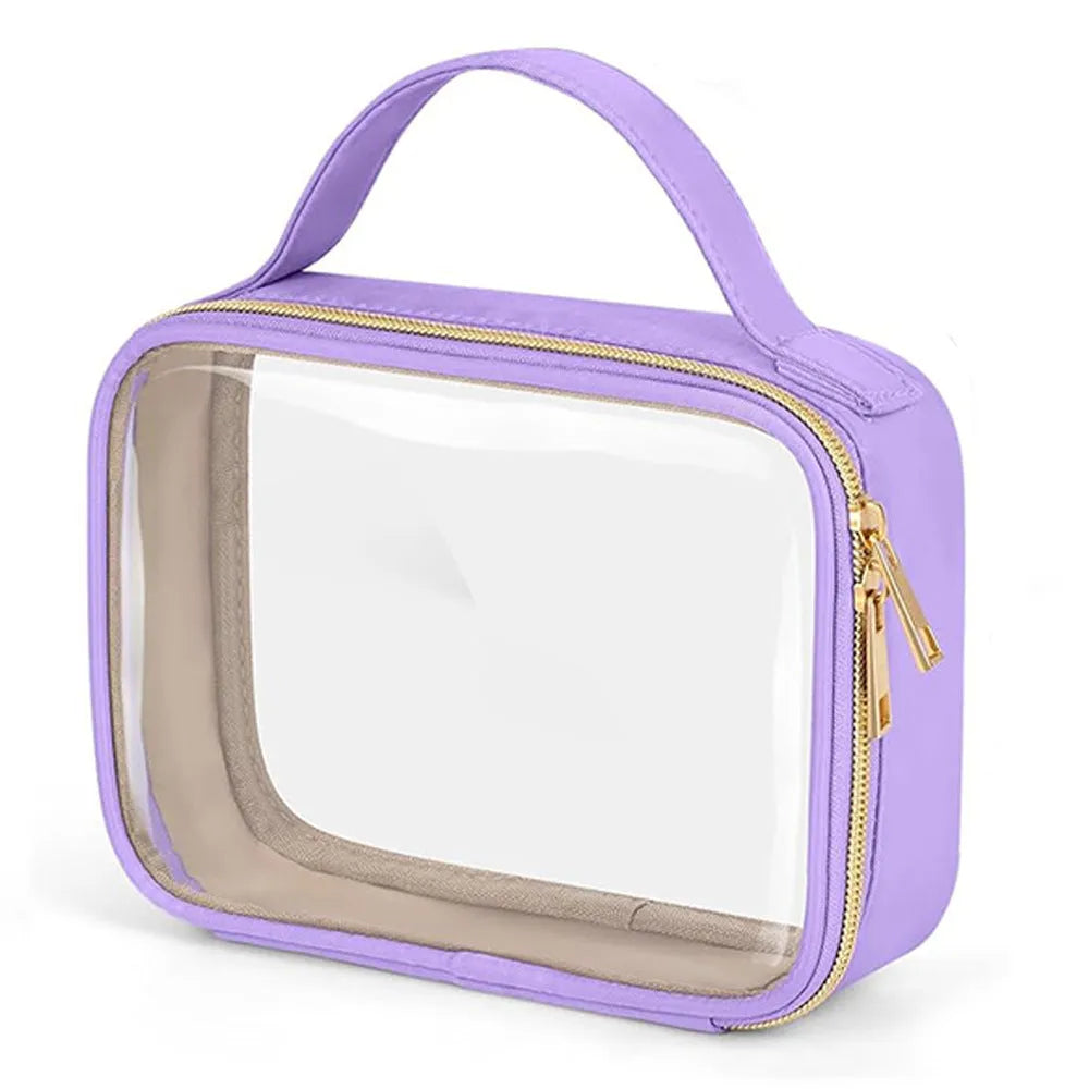 Clear PVC cosmetic wash bag with chain handle showing lipsticks inside, in leopard print colour.
