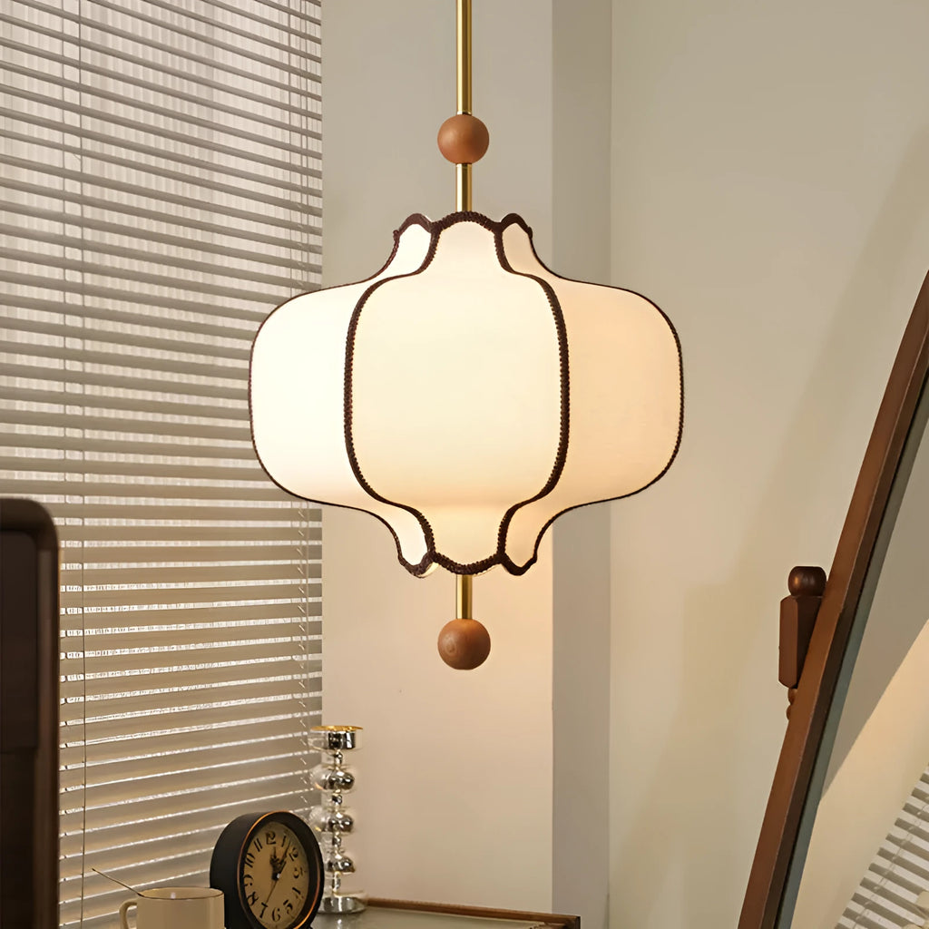 Retro French style fabric chandelier with solid wood frame in mid-century simple design for bedroom or dining room