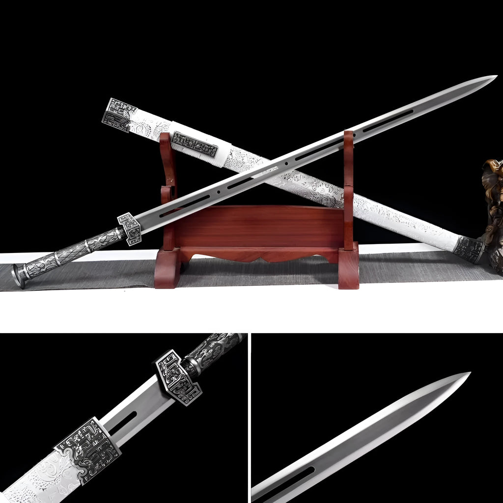 Han style high manganese steel unsharpened long sword with leather-covered solid wood scabbard