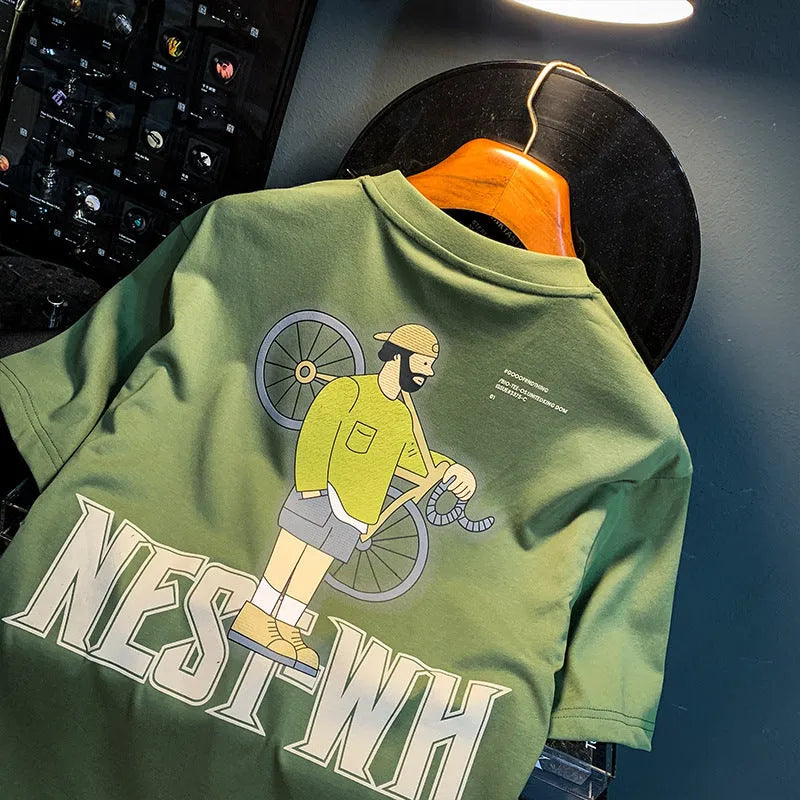 Men's green loose fit short sleeve t-shirt with trendy Literary Youth style print.