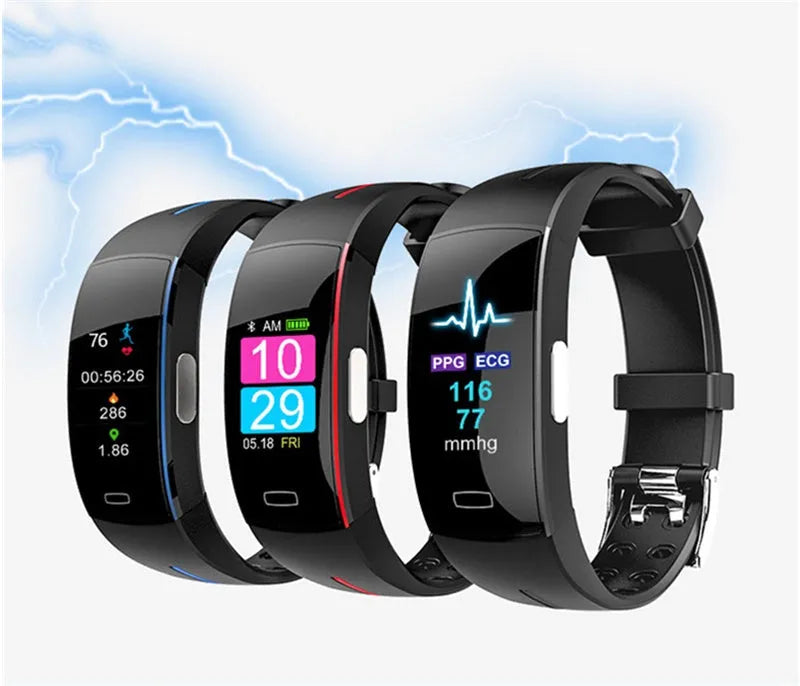 P3 smart watch with heart rate and ECG monitoring, OLED display, silicone wristband, black and blue colour