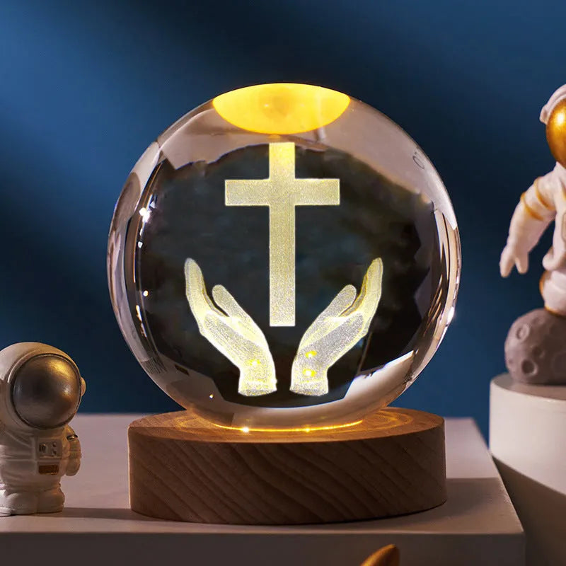 White crystal lamp with 6cm diameter ball on solid wood warm light base for church office decoration