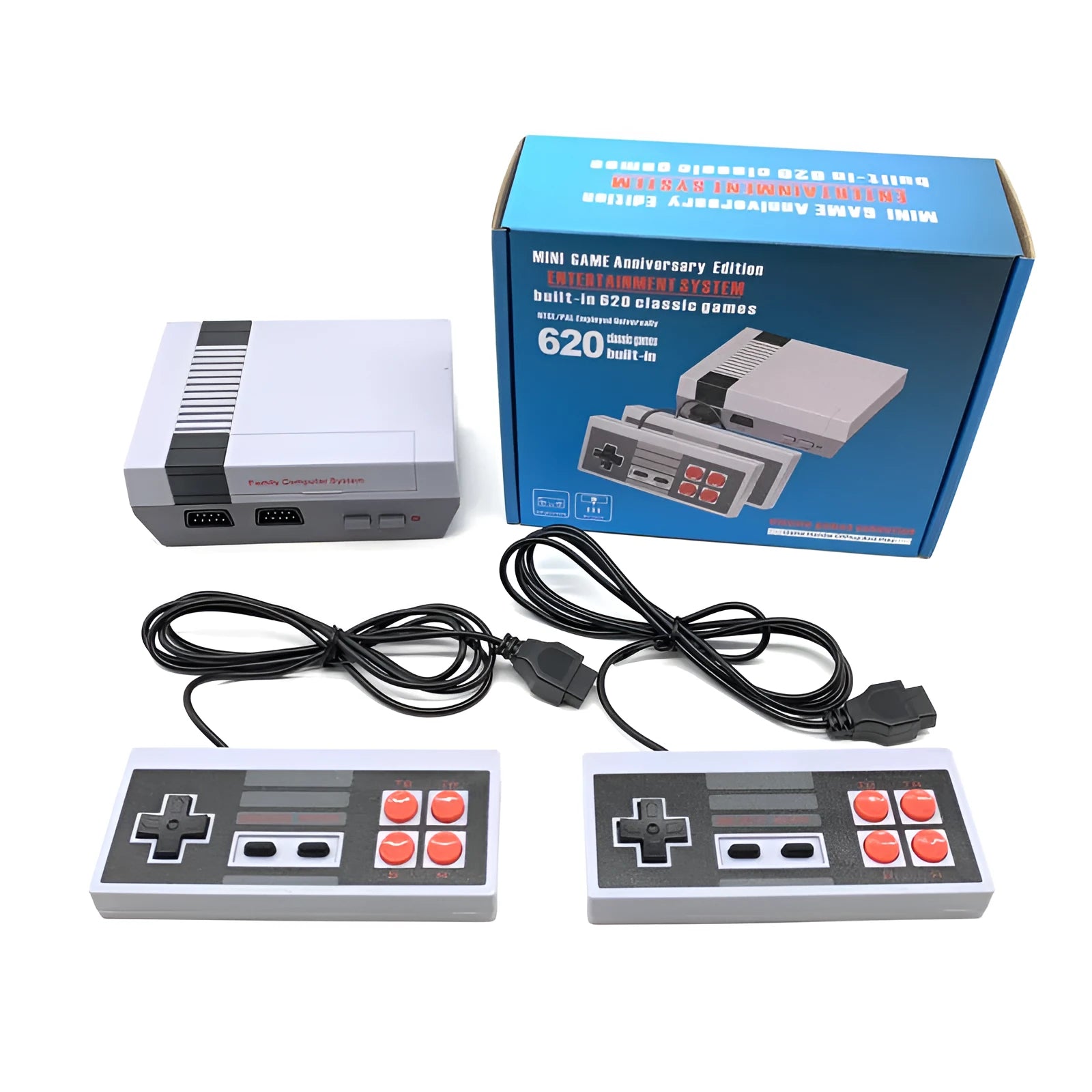 Compact grey NES-style retro game console with two rectangular controllers on a white background.