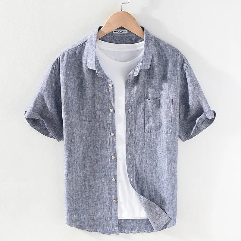 Men's short sleeve linen casual shirt with a square collar in raw jute colour.