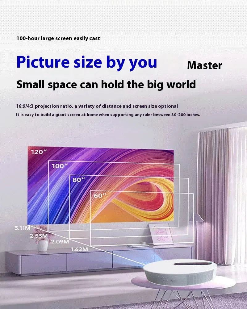 White HD 720p home theatre projector with remote control on a table.