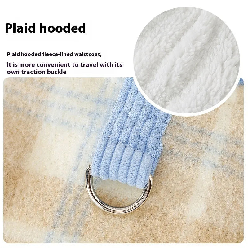 Blue corduroy dog hooded vest with a chessboard grid pattern and traction detailing.