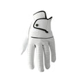 A white half sheepskin men's golf glove laid flat, showing the palm and finger design.