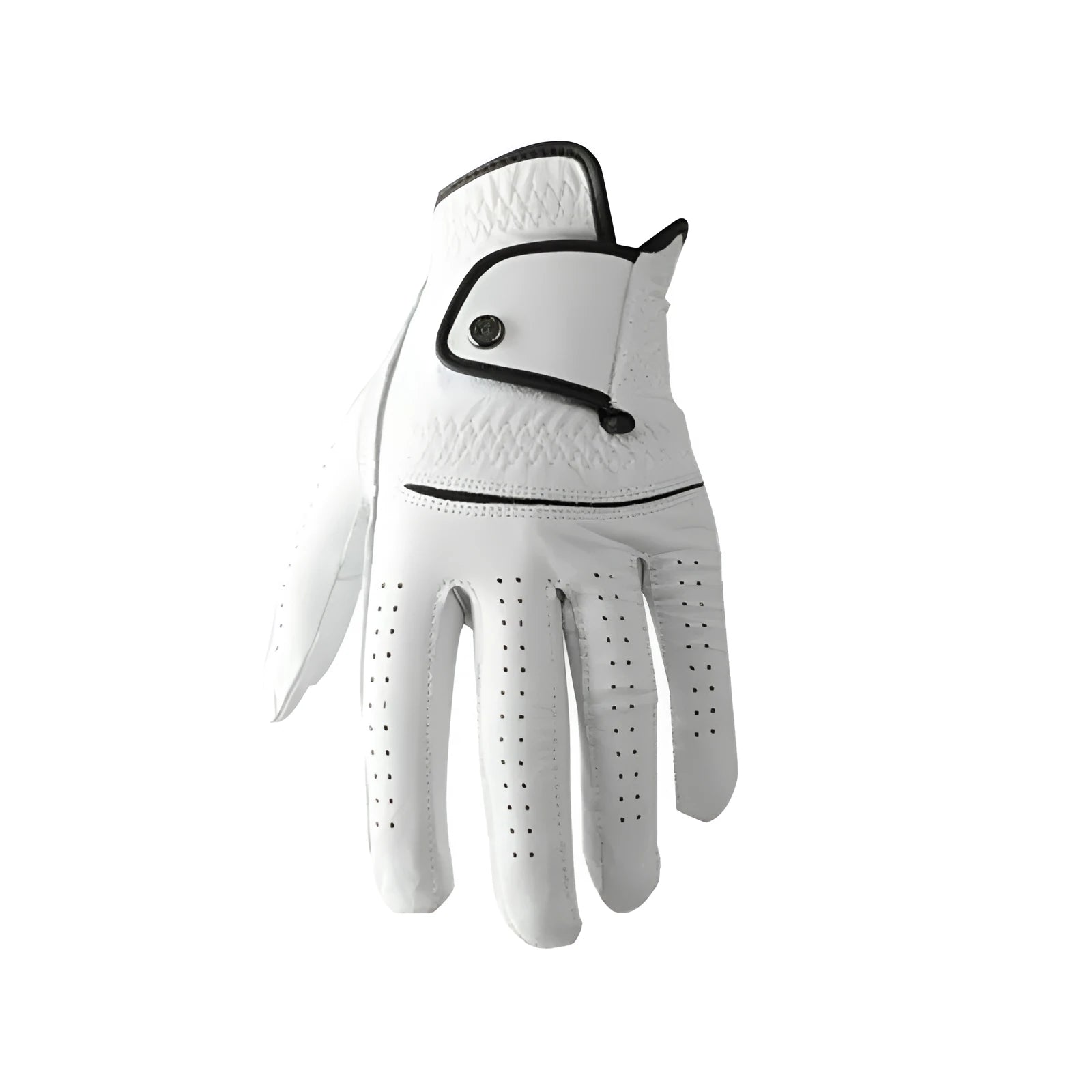 A white half sheepskin men's golf glove laid flat, showing the palm and finger design.