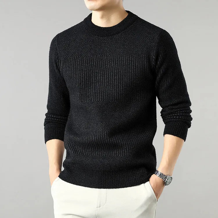 Men's round neck long sleeve chenille base sweater in apricot, straight fit, on a plain background
