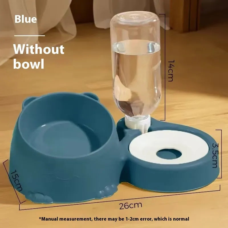Double bowl plastic pet food and water basin in haze blue, milky yellow, pink, or grass green