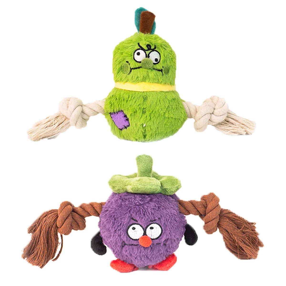 Green and purple plush rope knot dog toy for tug of war and dental care.