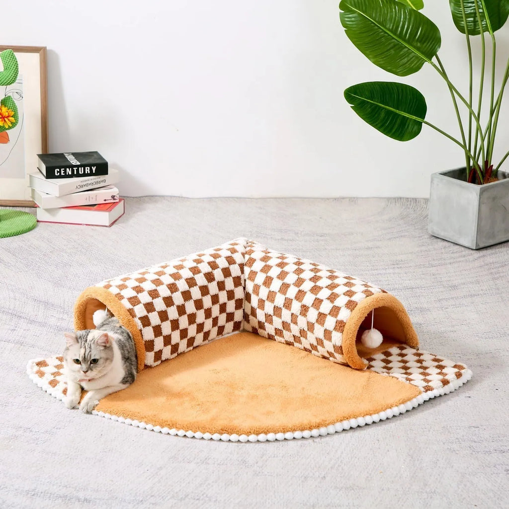 XL fan-shaped plush pet bed with tunnel design in coffee colour for dogs and cats