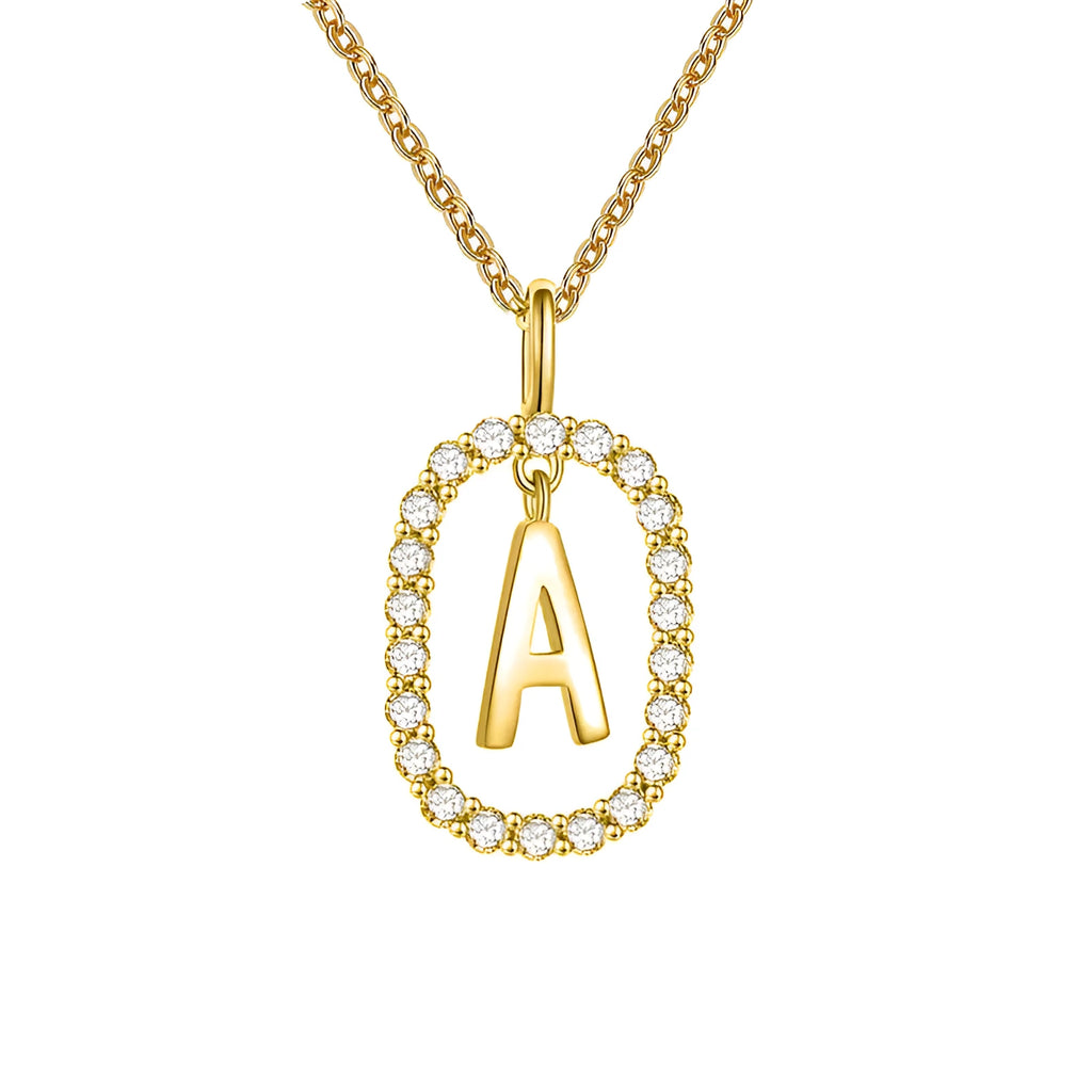 Gold crystal letter initial oval pendant necklace on woman, rhinestone letter in zinc alloy frame with adjustable chain