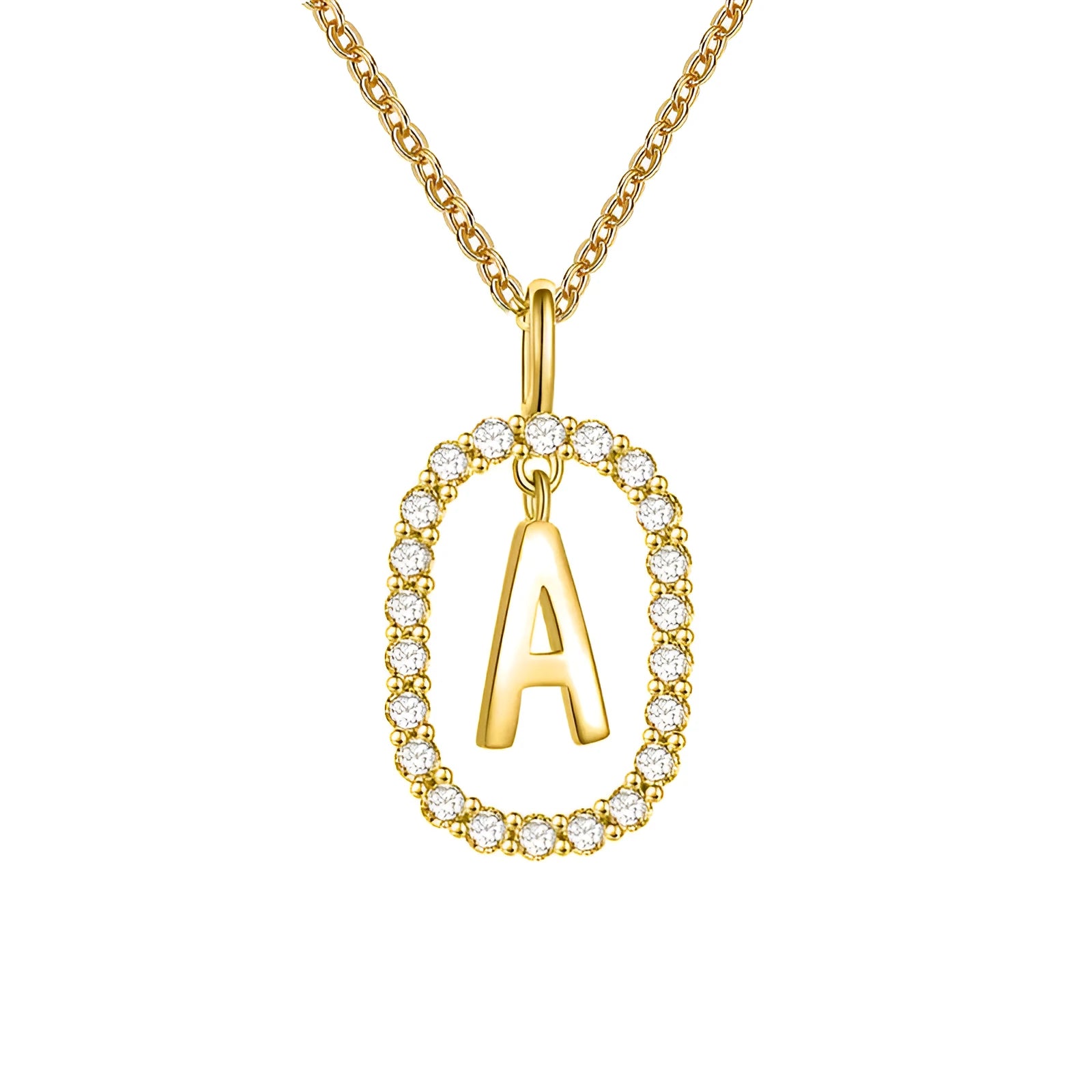 Gold crystal letter initial oval pendant necklace on woman, rhinestone letter in zinc alloy frame with adjustable chain