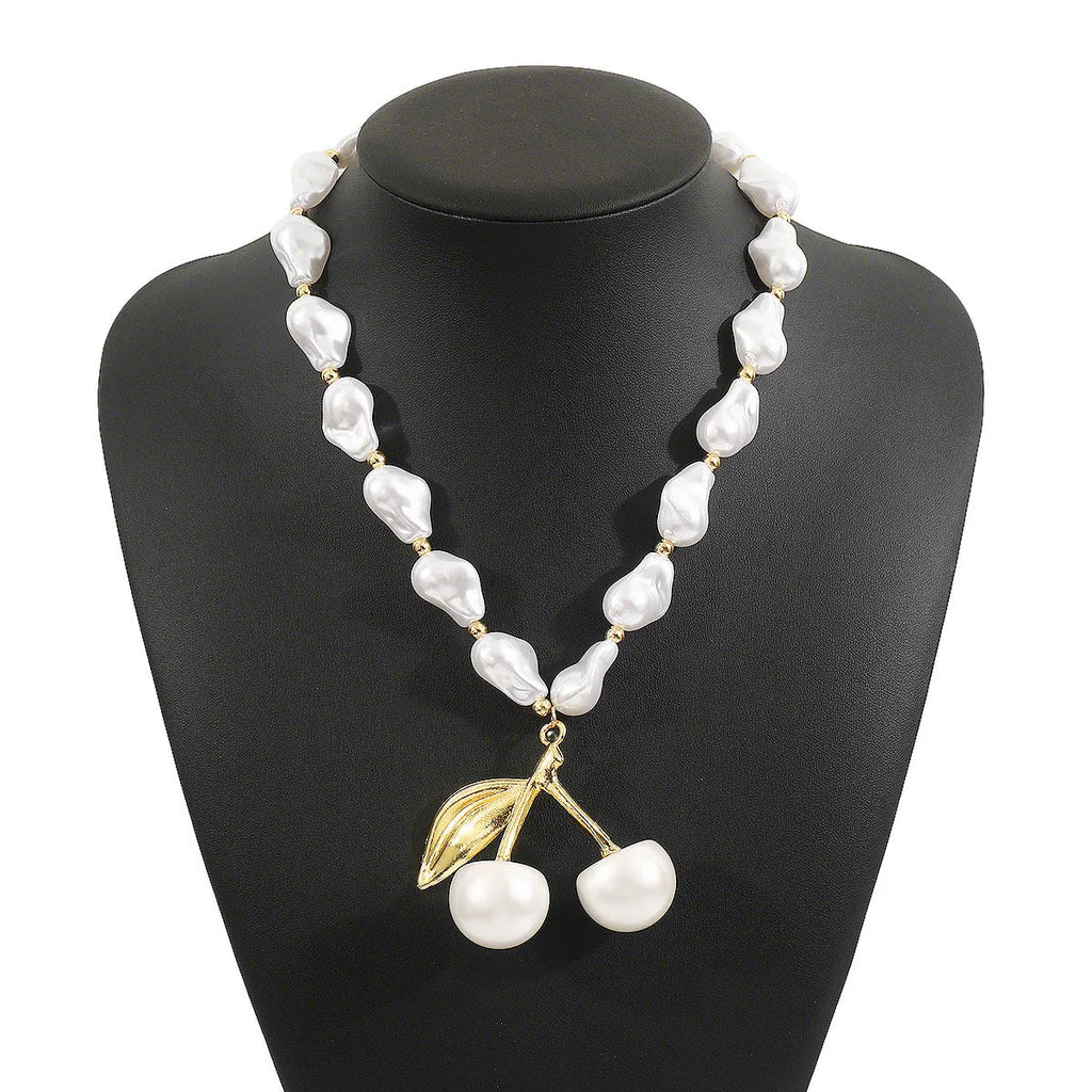 Women's adjustable pearl cherry fruit necklace with gold electroplated finish and 51cm-60cm chain