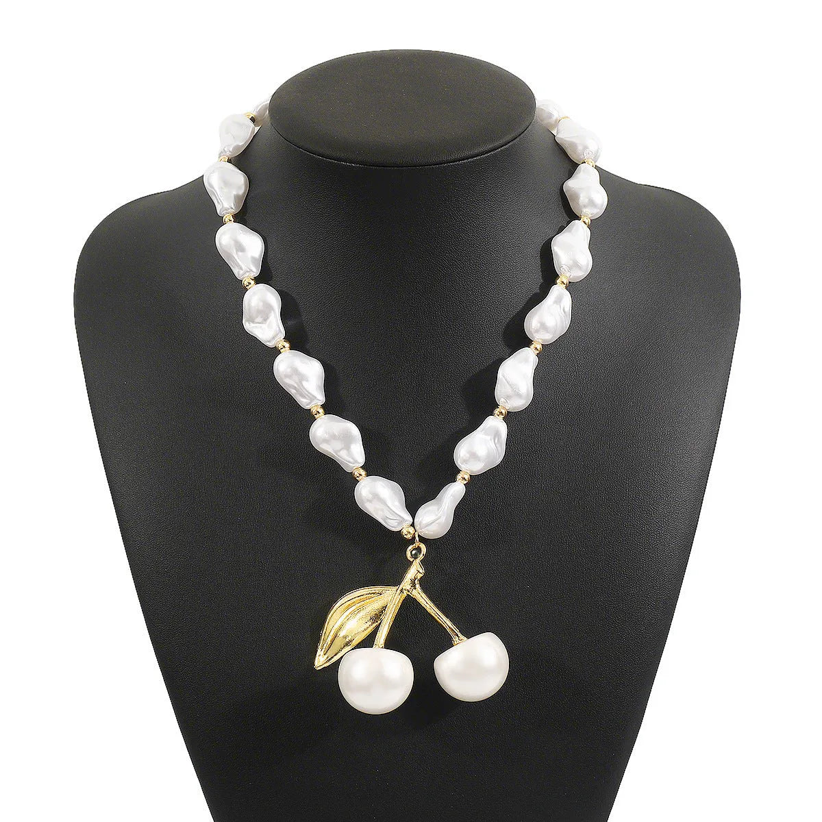 Women's adjustable pearl cherry fruit necklace with gold electroplated finish and 51cm-60cm chain