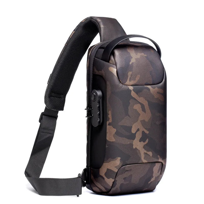 Waterproof Oxford cloth anti-theft shoulder bag showing organisational pockets and zipper closure