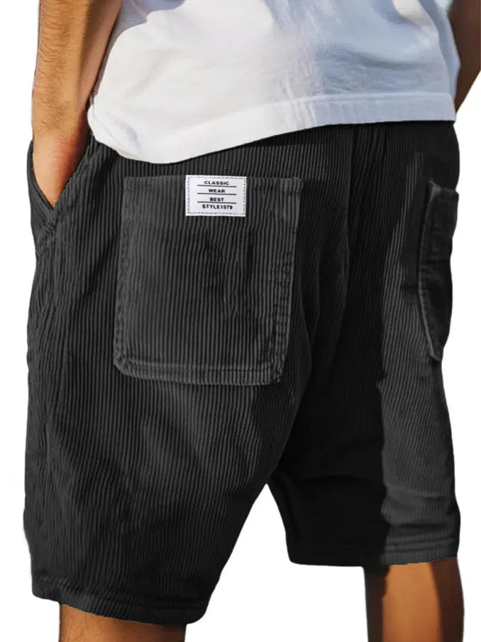 Men's gray corduroy shorts with multiple pockets and embroidery detail on straight-leg summer design