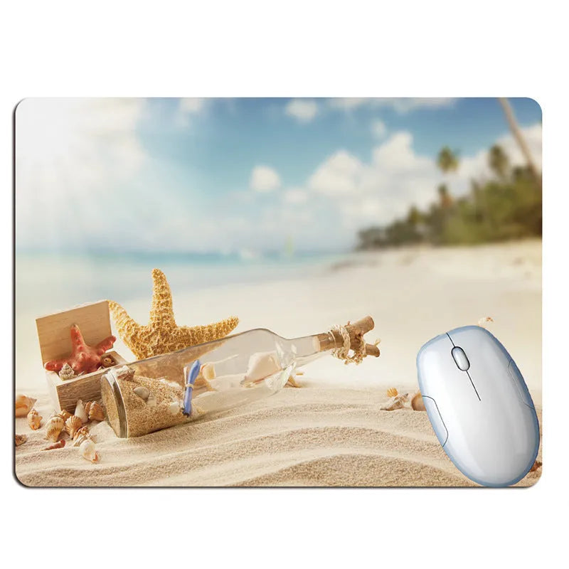 Rubber mouse pad with Wishing Bottle Summer Beach Holiday Wind design, available in 30x25cm size with non-slip base