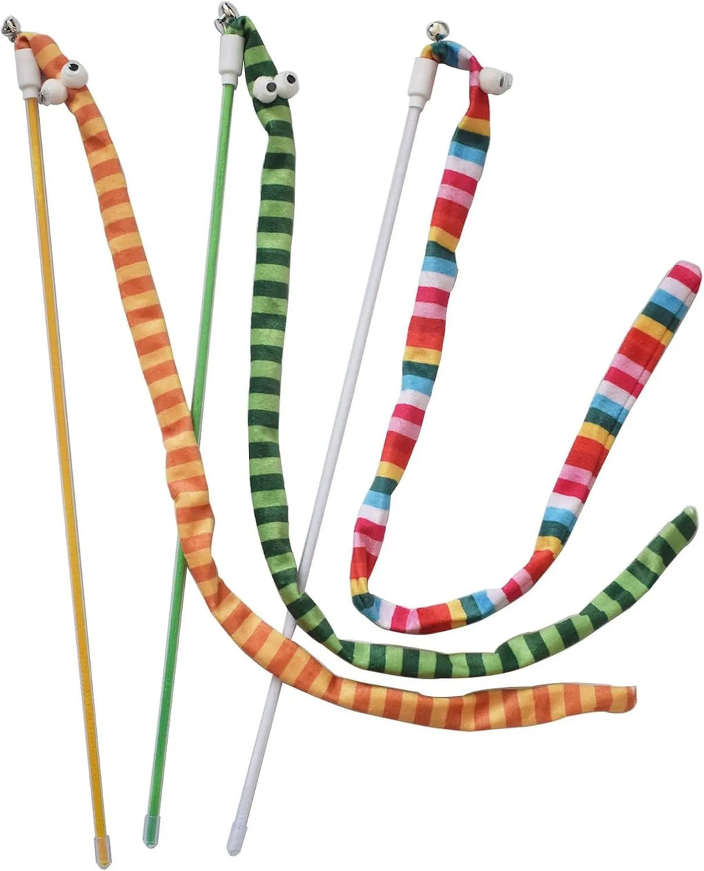 Colourful cat wand toy with a long plush strip teaser and bell, held by a polycarbonate handle.