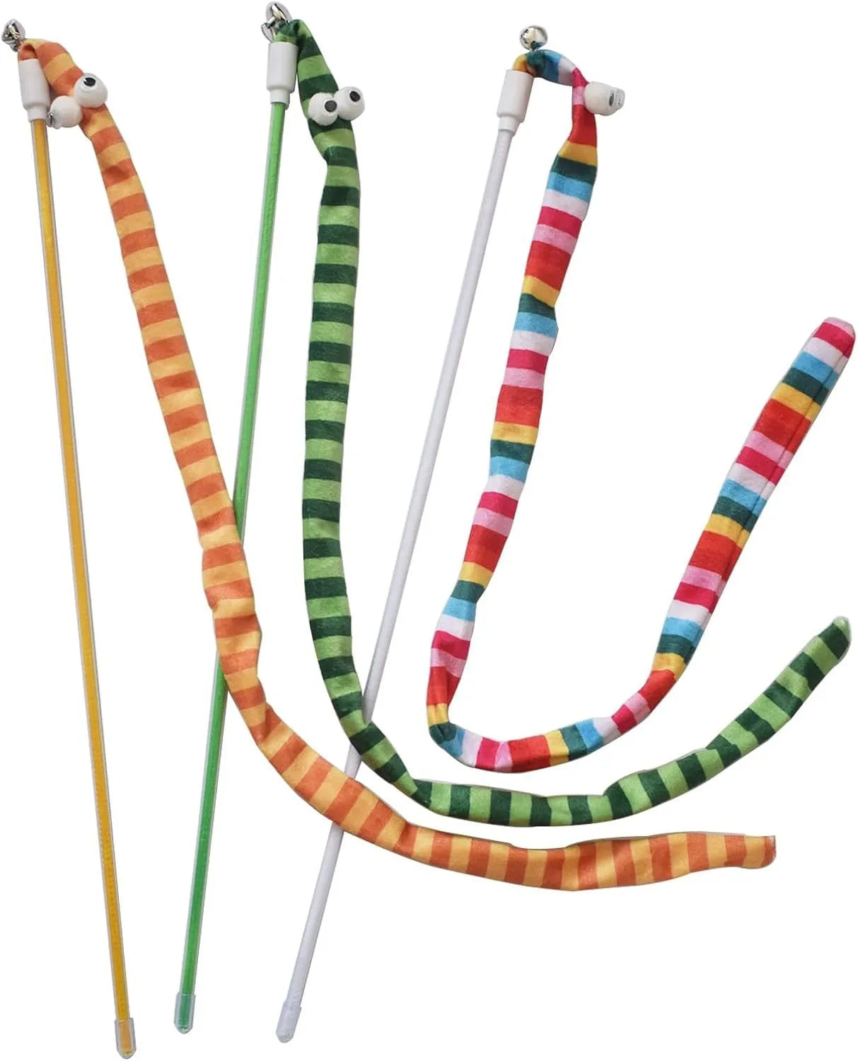 Colourful cat wand toy with a long plush strip teaser and bell, held by a polycarbonate handle.