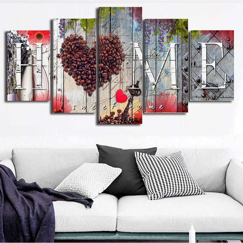 Set of five red oil painting decoration boards in progressive sizes on wall display