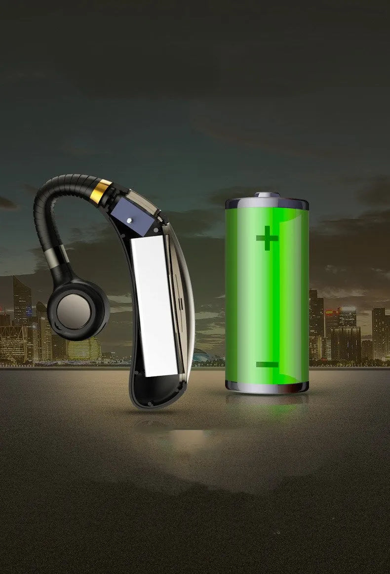 Wireless hanging ear business Bluetooth headset in black with charging port visible