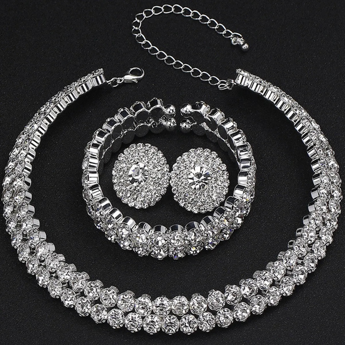 Women's rhinestone double-layer necklace and bracelet with stud earrings in gold set