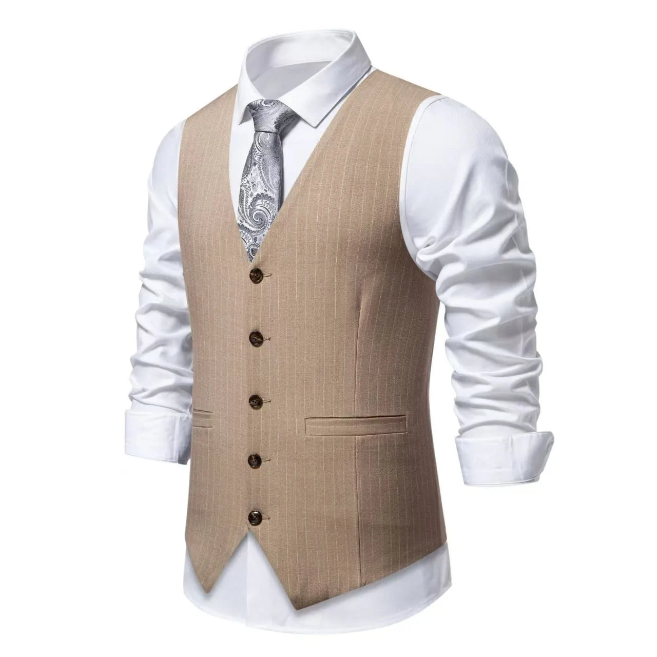 Men's striped formal suit vest with V-neck and pocket detail