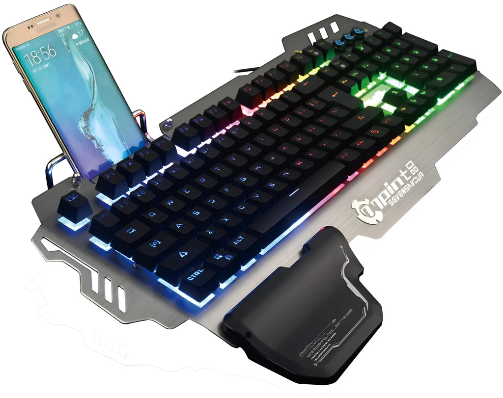 Silver gray metal panel mechanical gaming keyboard with full-size UK layout and USB wired connection