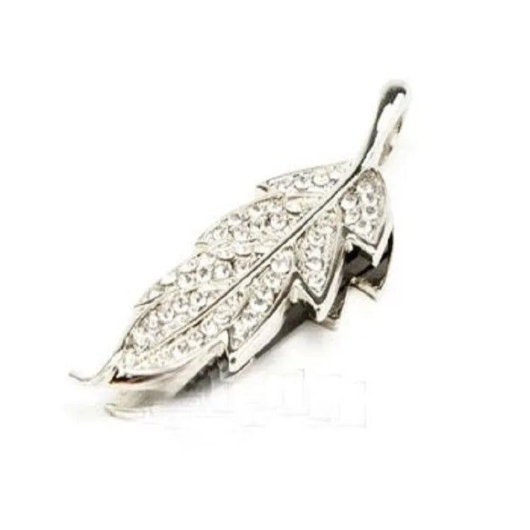 Silver metal USB flash drive with a crystal maple leaf decoration, showing front view.
