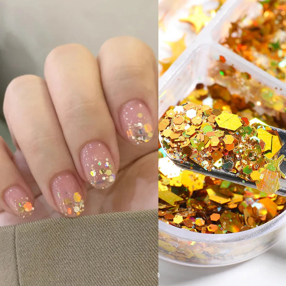 Gold and silver laser irregular nail glitter sequins in 8g box with six-grid compartments