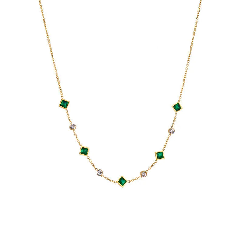 Gold titanium steel U-shaped square pendant necklace with emerald zircon on adjustable cross chain