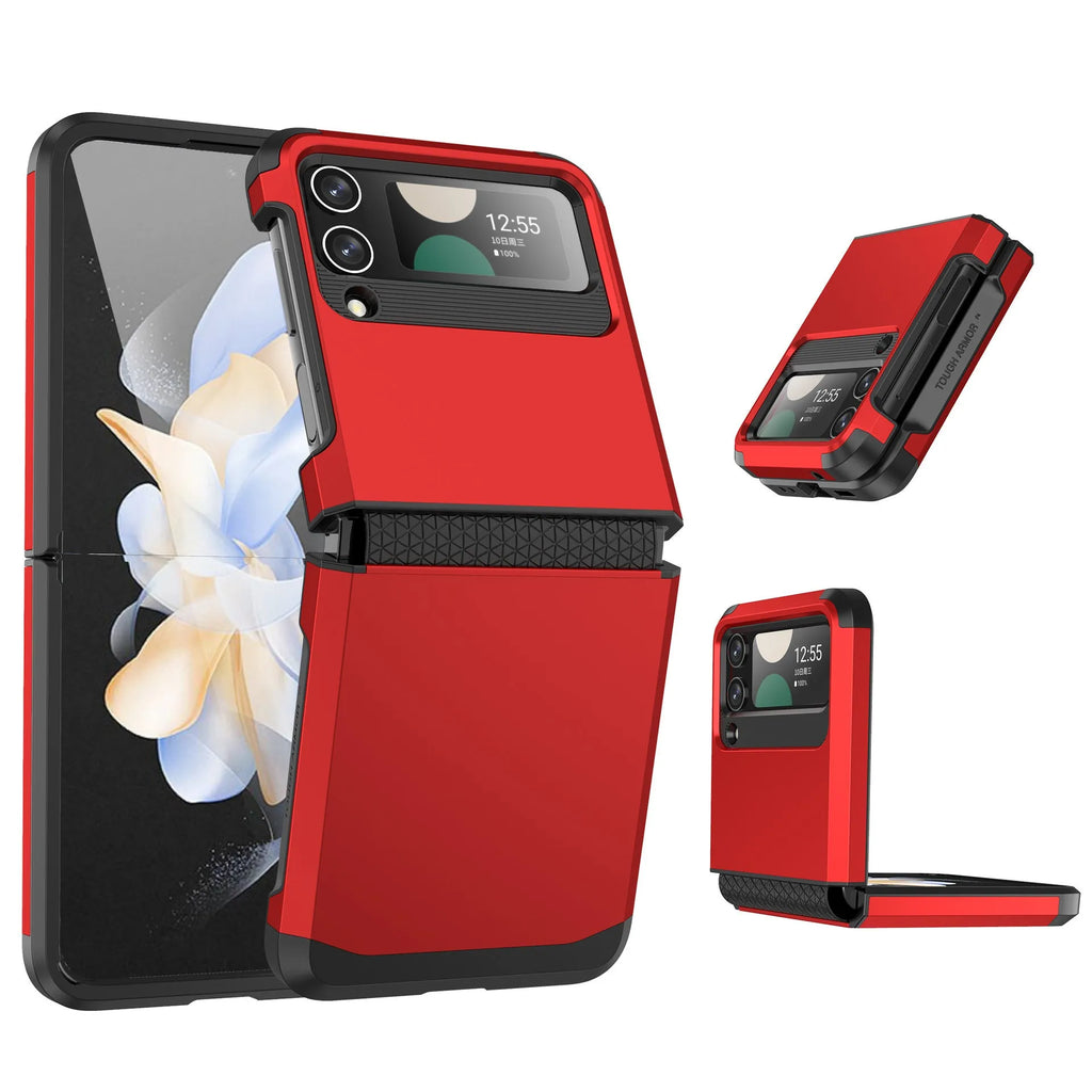 Armour hinge integrated hard PC protective case for Samsung Z Flip showing hinge coverage and contrast colour finish.