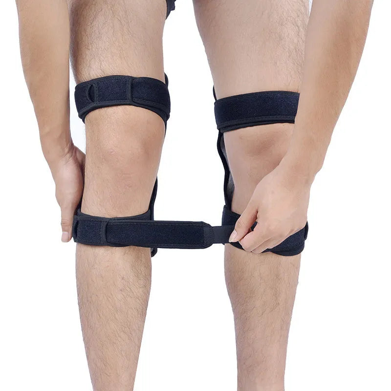 Adjustable spring knee brace patella booster in black colour with breathable fabric and venting holes